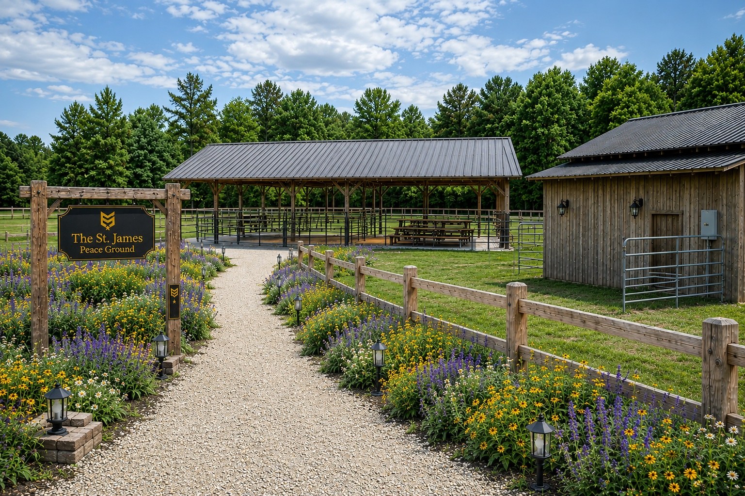 Native wildflower landscaping along the approach path