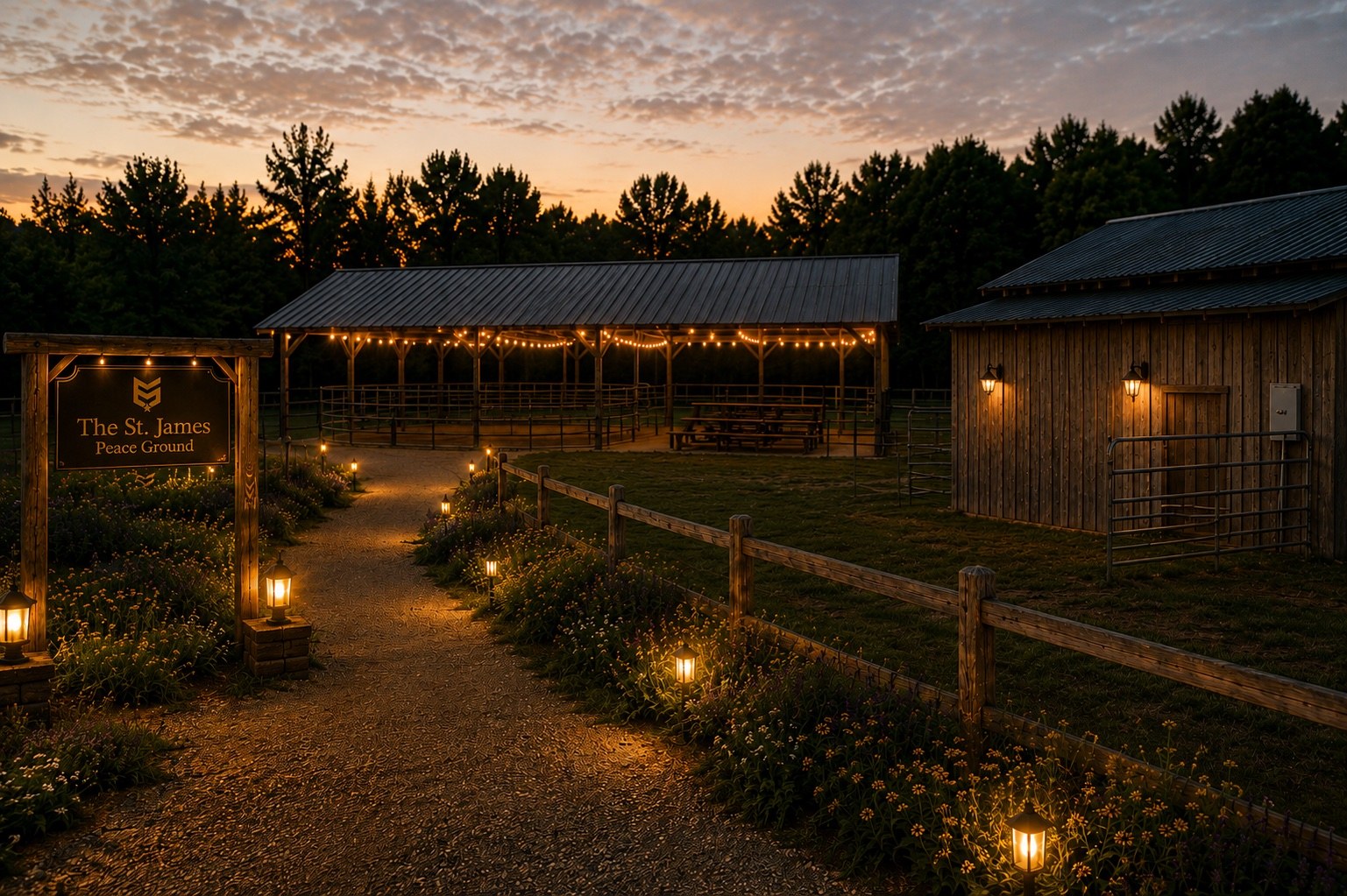 Hardwired lighting at The St. James Peace Ground at night