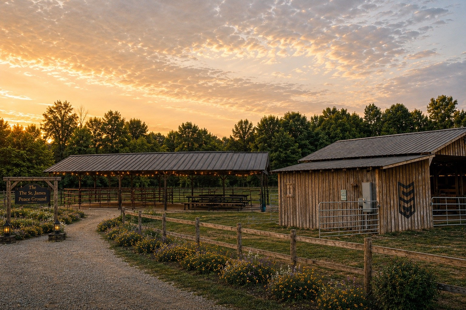 Wide view of The St. James Peace Ground showing the covered arena and barn